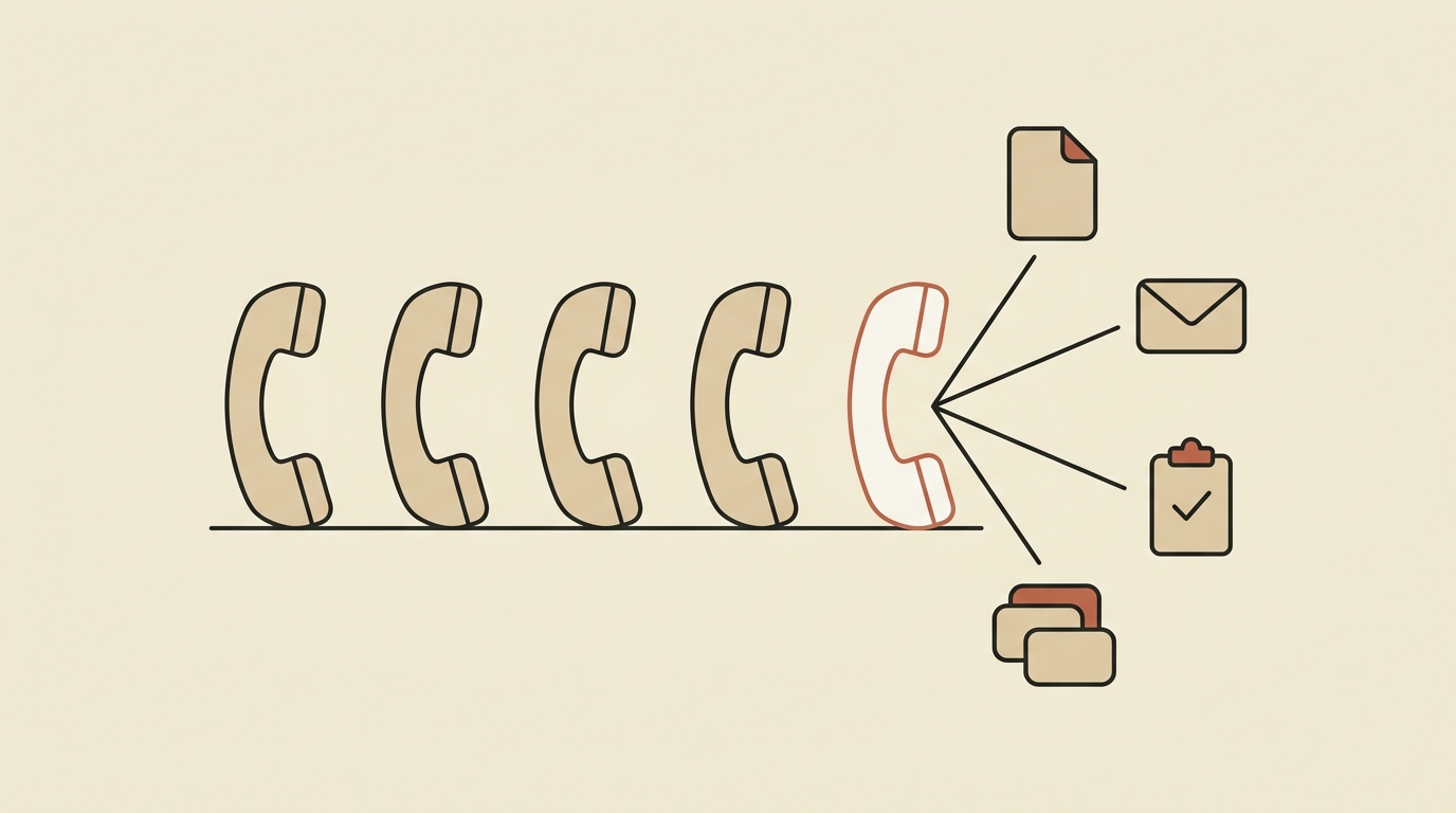 Five telephone handsets in a row on a thin baseline. Four are plain tan and stand alone; the fifth, outlined in terracotta, fans four thin lines out to a document, an envelope, a clipboard with a checkmark, and a stack of cards — a voice agent that also handles the back-office queues the others cannot.