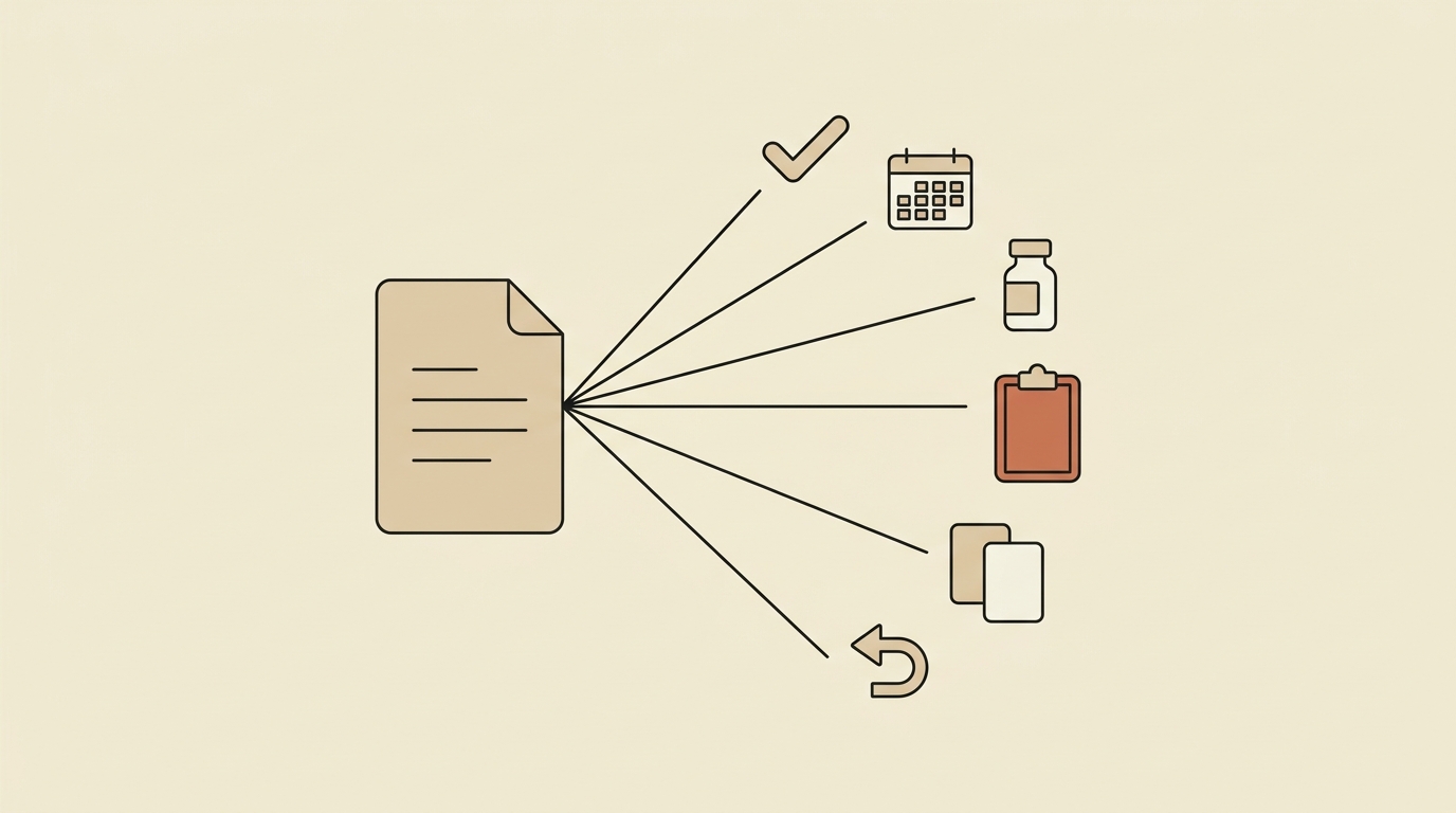 A single tan document at the left joined by thin charcoal lines that fan out to six small outlined shapes: a checkmark, a calendar, a vial, a clipboard form, two mismatched rectangles, and an arrow turning away — one arriving request resolving into six different kinds of work.