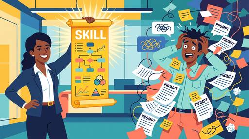 Humorous illustration of Sarah triumphantly holding a golden Skill scroll while Marcus drowns in a mountain of scattered prompts in a modern tech office