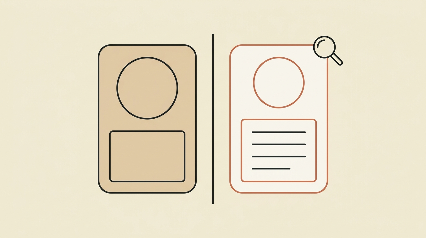 A large tan percentage-style circle on the left sits above an empty outlined box, while on the right a smaller terracotta-outlined circle sits above a box filled with horizontal lines — a claim without a denominator beside a claim with its evidence.