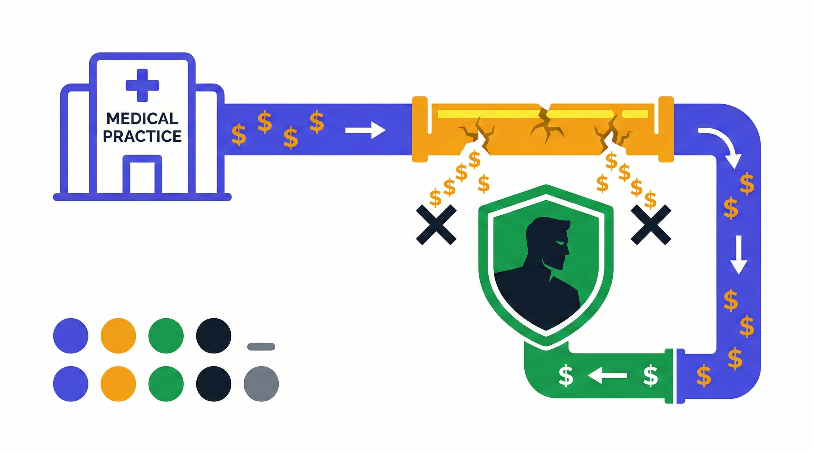 Illustration of revenue flowing from a medical practice while payer denials create a growing leak