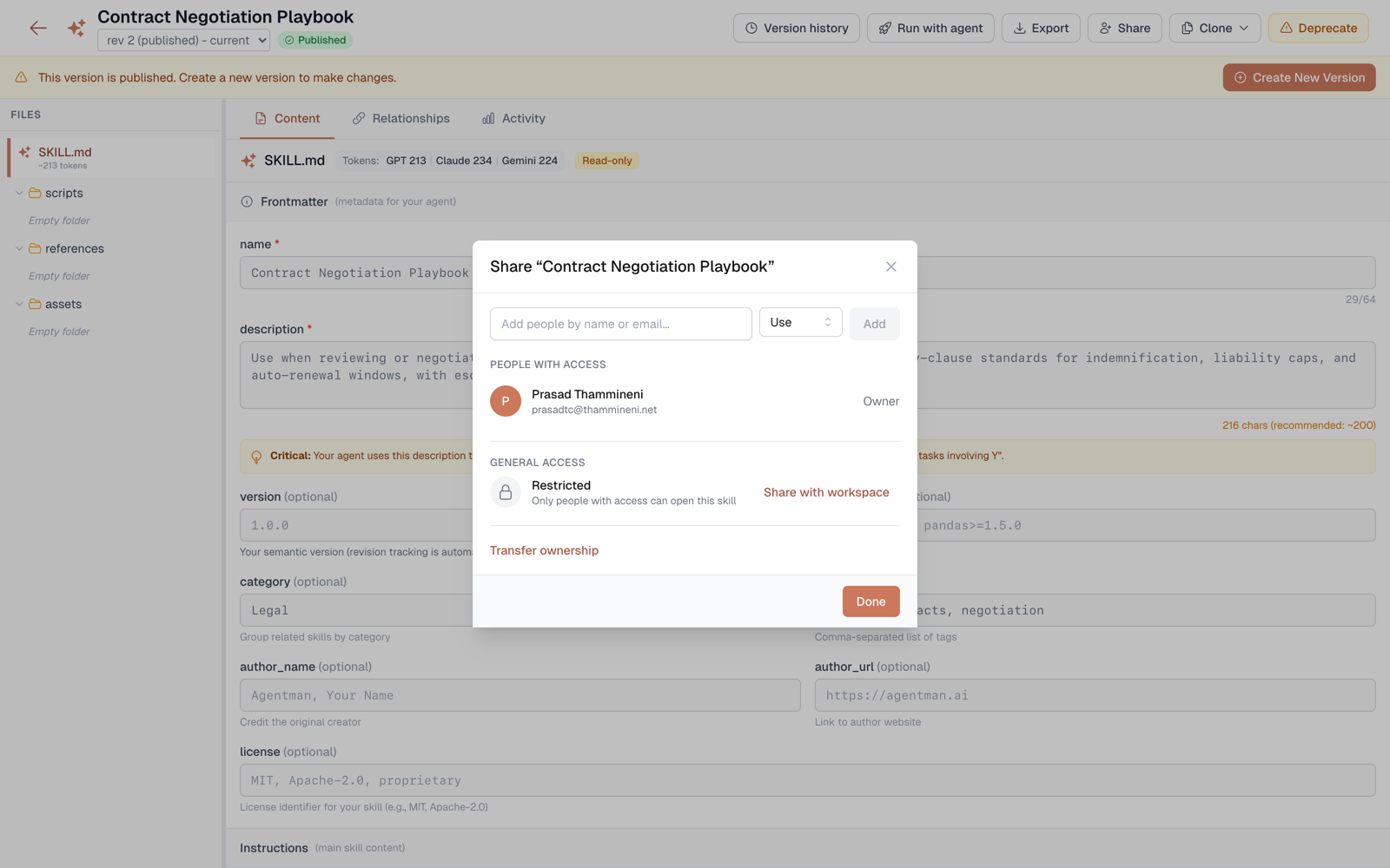 The share dialog shows the skill's owner at the top, above everyone it's shared with