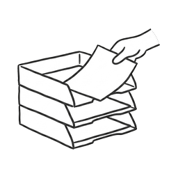 A hand filing a page into a stack of letter trays