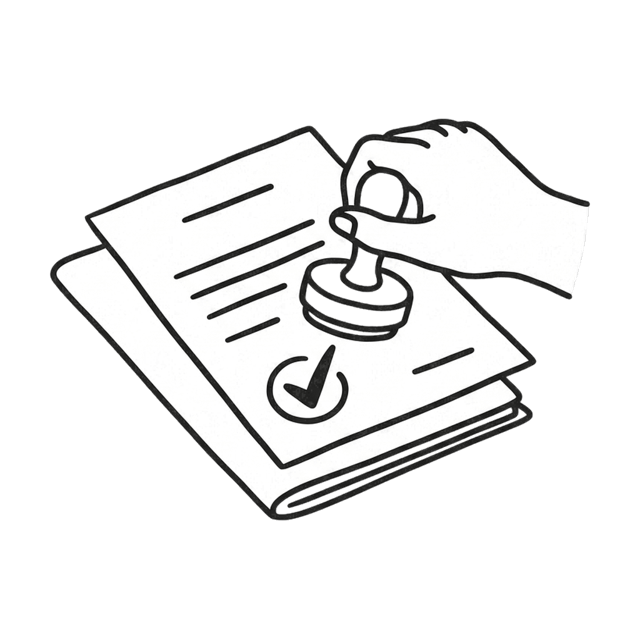 A hand stamping a finished document that carries a check mark