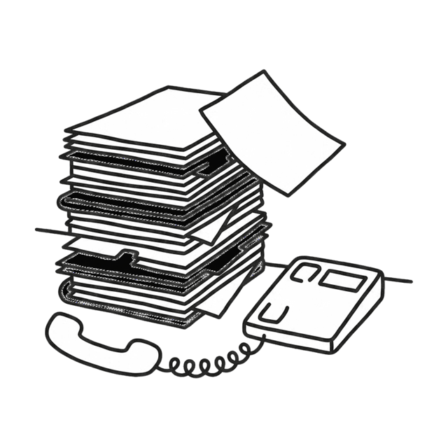 A leaning stack of papers and folders beside a desk phone left off the hook