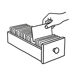 A hand pulling a card from a card index drawer