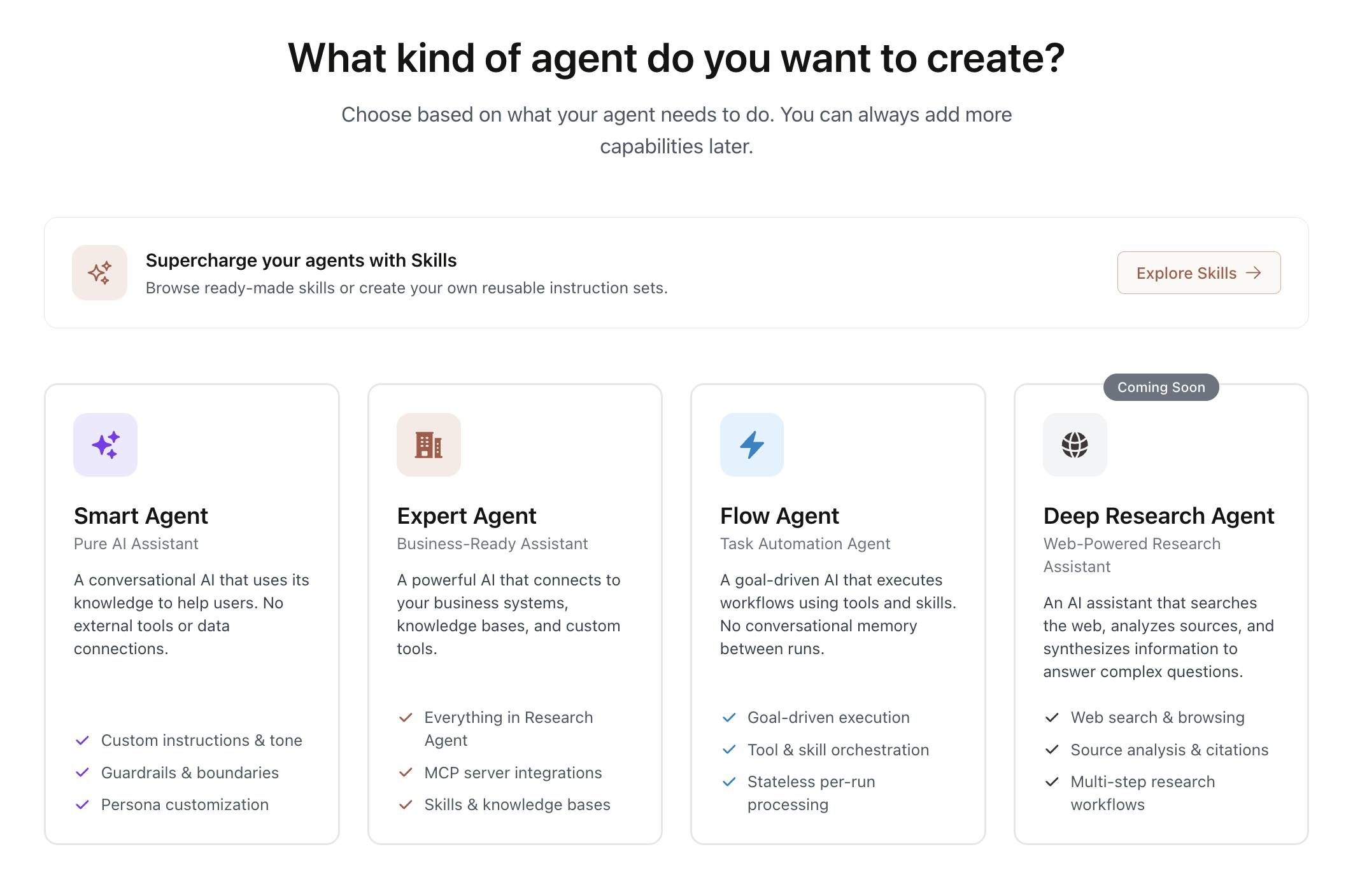 Agentman Studio dashboard showing agent type selection with Smart Agent, Expert Agent, Flow Agent, and Deep Research Agent options